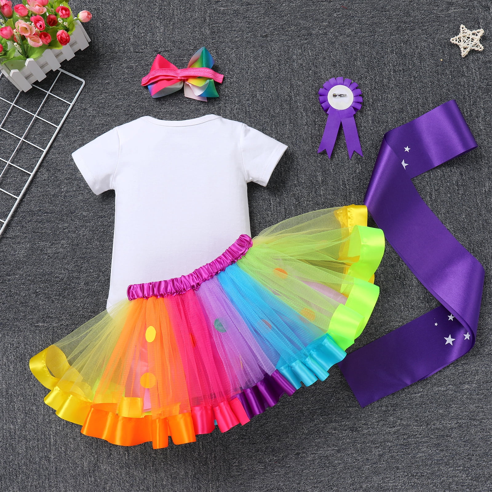 IBTOM CASTLE Toddler Baby Girl Unicorn 1st 2nd 3rd Birthday Outfit Romper + Rainbow Tutu Skirt + Headband + Sash + Badge 5PCS Princess Dress up Clothes Set for Cake Smash Photo Shoot