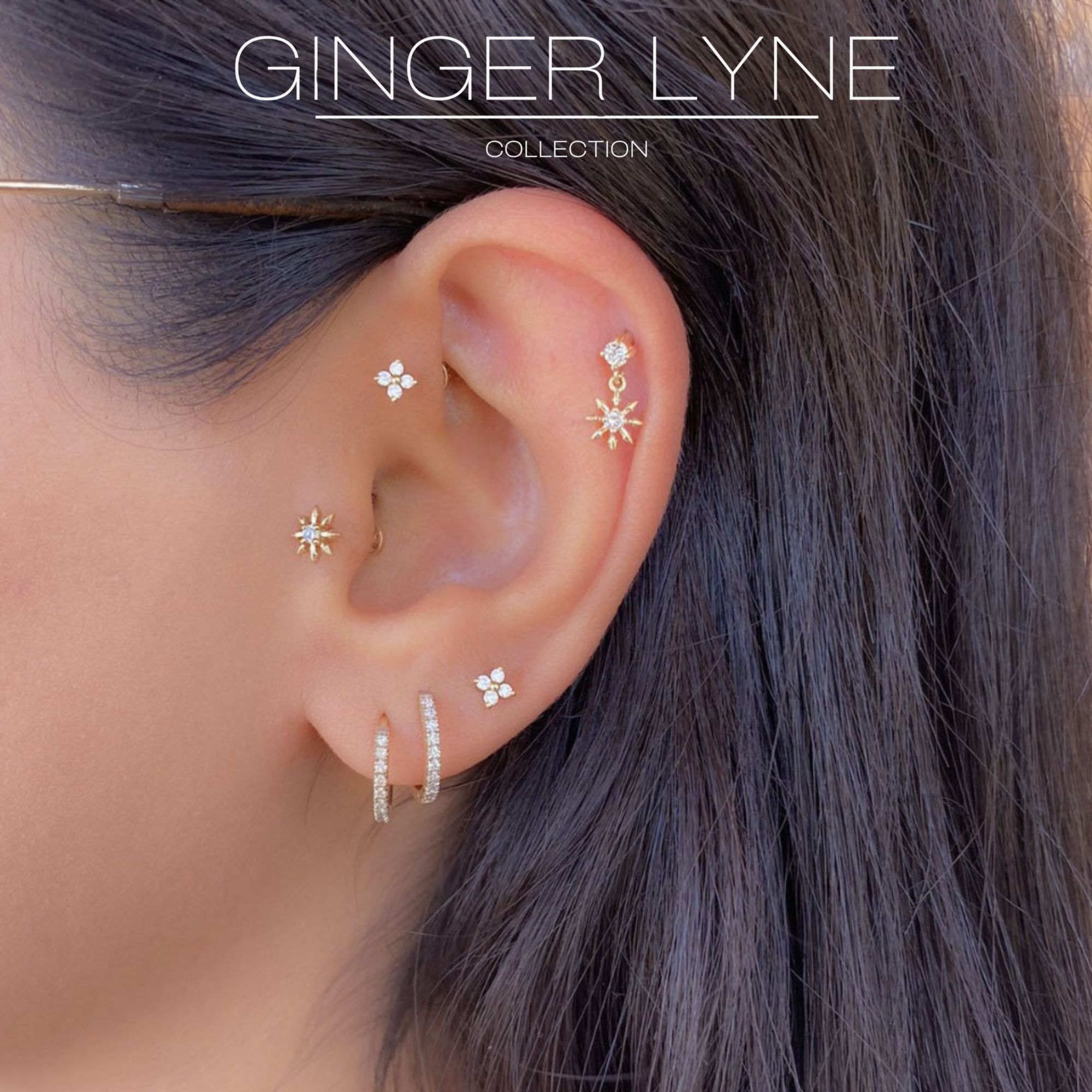 Cubic Zirconia Flat Back Stud Earrings by Ginger Lyne Gold Plated Sterling Silver Body Jewelry