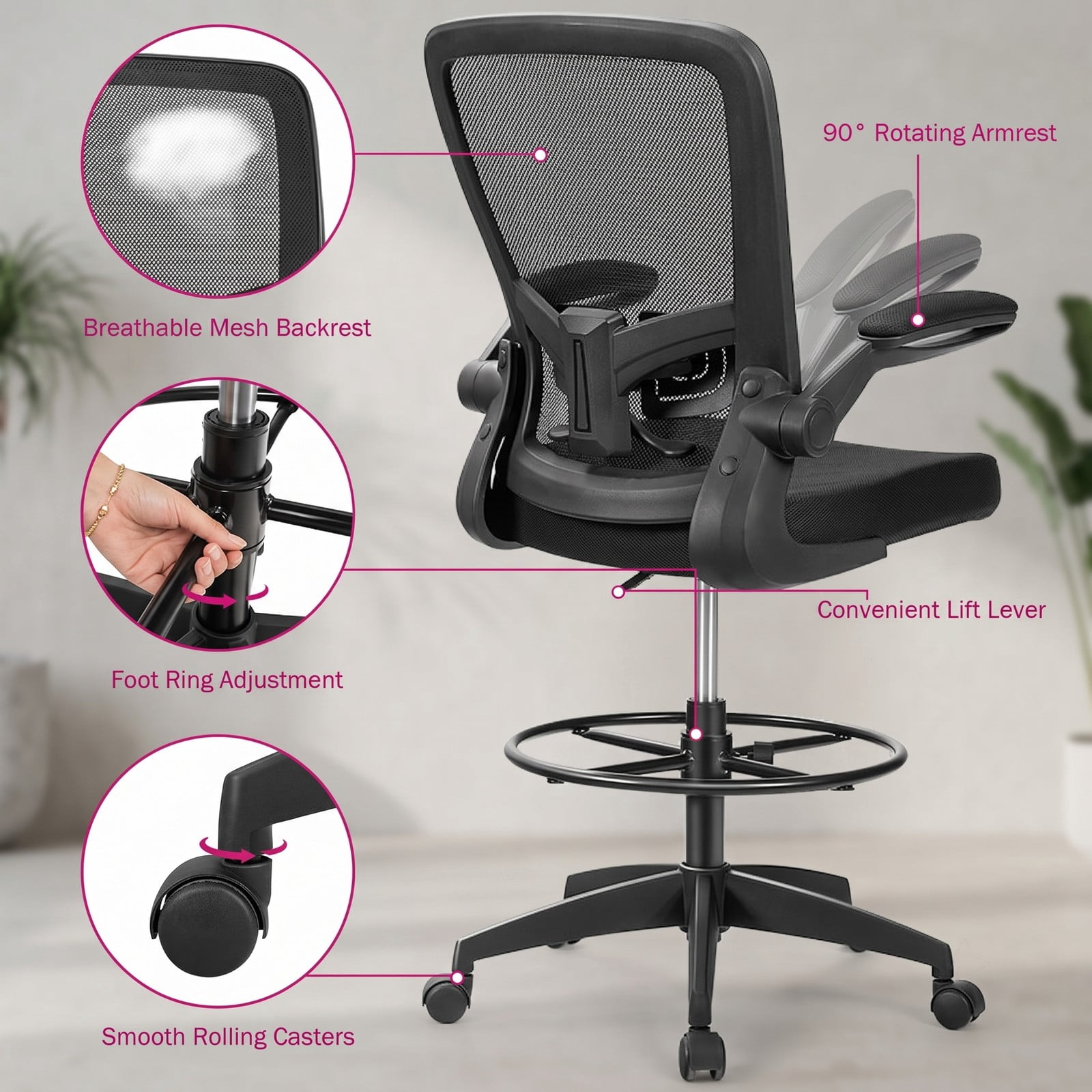 Furnibear Height Adjustable Drafting Chair with Flip-Up Arms, Ergonomic Mesh Back Rolling Task Office Chair with Foot Ring and Adjustable Lumbar Support for, Black