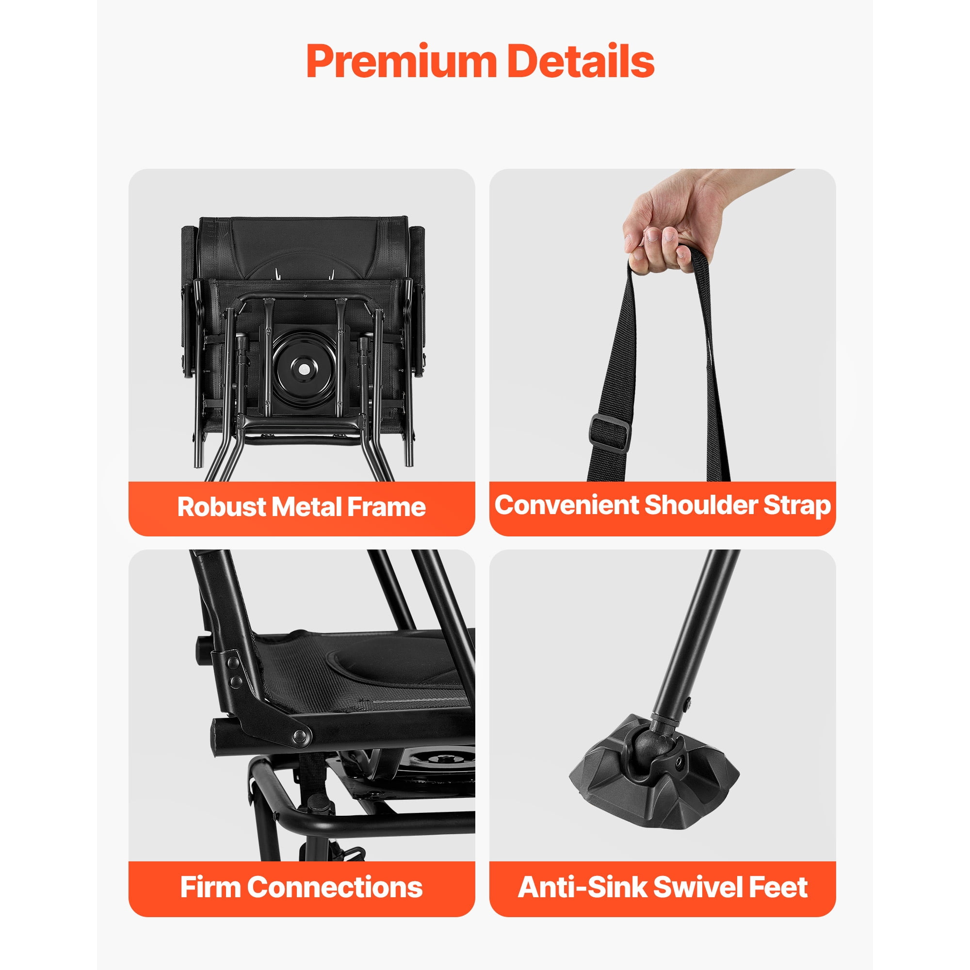 KFFKFF Hunting Chair with 360° Quiet Swivel, Foldable and Portable Blind Seat, Durable Steel Frame Ground Stool with Armrests, Adjustable Carry Strap, Anti-Sink Feet, 300 Lbs Weight Capacity