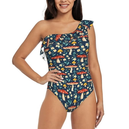 Coaee Colorful Mushrooms Women s One Piece Swimsuits One Shoulder Swimwear Asymmetric Ruffle Monokinis Bathing Suits - Medium