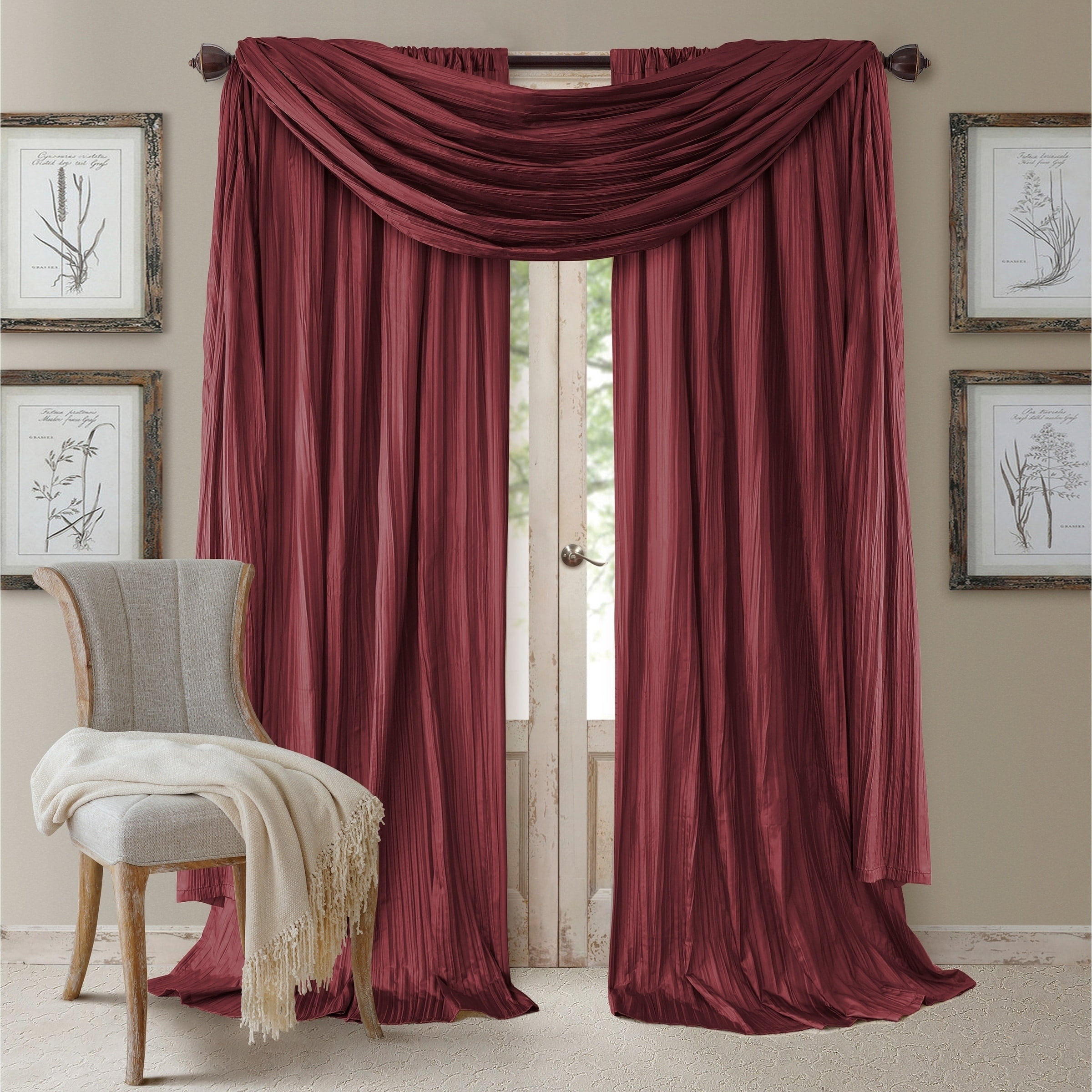 Athena Faux Silk Window Curtain and Scarf Set - 52" x 95" - Red - Elrene Home Fashions