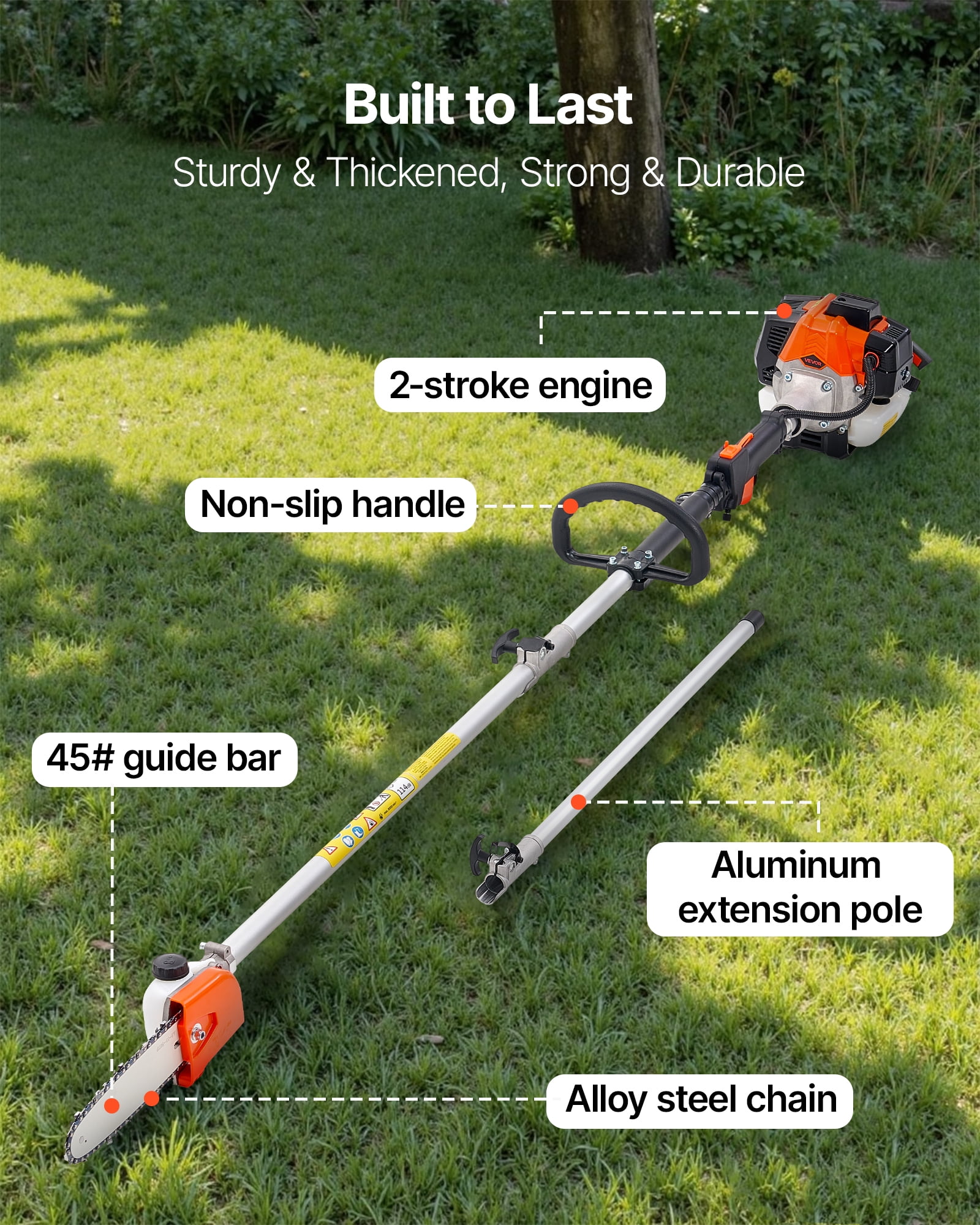 VEVOR Gas Pole Saw, 25CC 2 Stroke Gas Powered Pole Saws with 8 in Cutting Bar, Cordless Tree Trimmer with 23 fl.oz Fuel Tank, 6.5 to 9 ft Extendable, Powerful Chainsaw for Tree Trimming Pruning