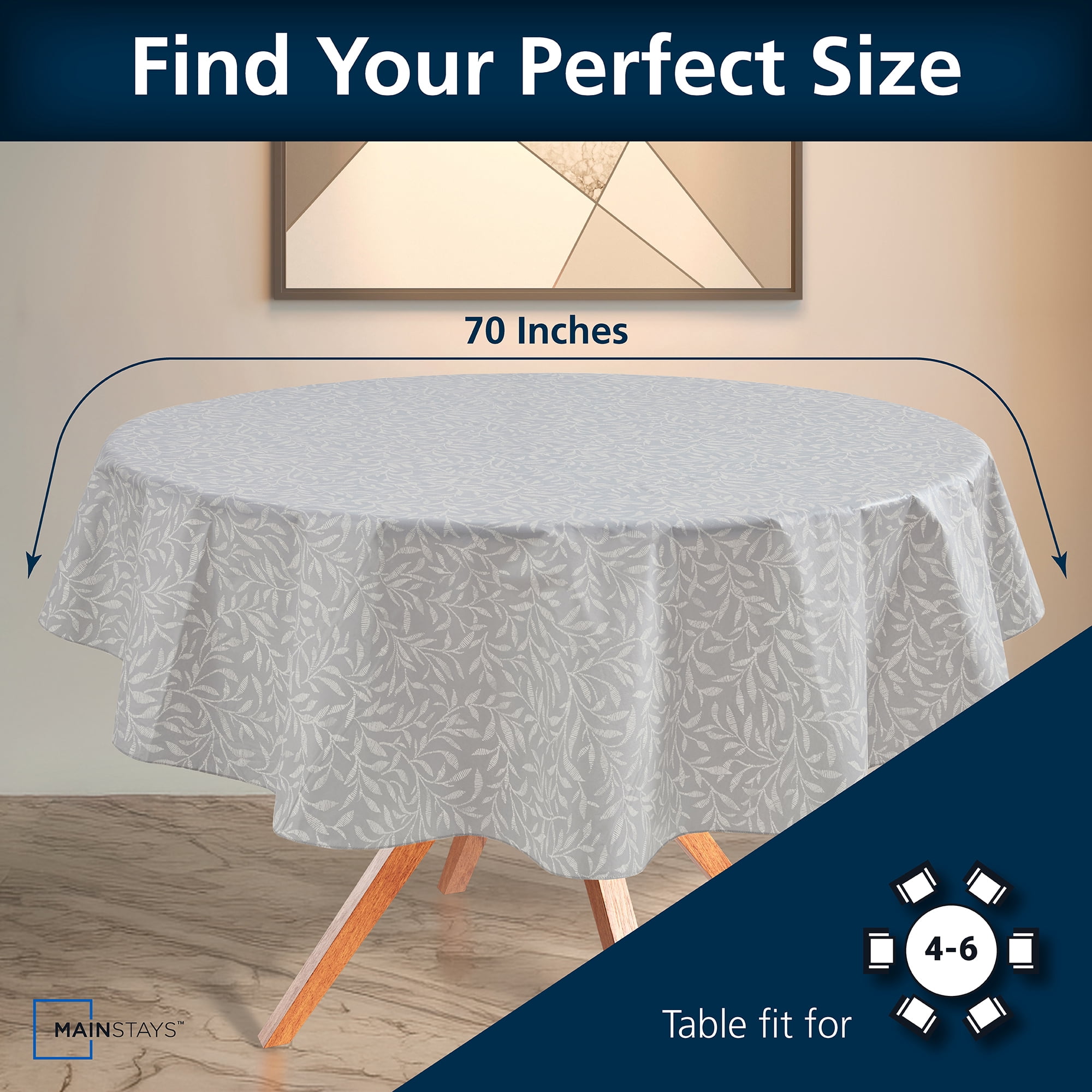 Mainstays PEVA Everyday, Indoor & Outdoor Tablecloth 70" Round, Grey Leaf