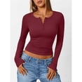 thumbnail image 4 of Camisetas de Larga para Mujer, Estilo Henley, Informales, para Otoño Tops Ajustados, Camisetas Básicas de Canalé Rojo Vino M, 4 of 8
