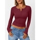 thumbnail image 4 of Camisetas de Larga para Mujer, Estilo Henley, Informales, para Otoño Tops Ajustados, Camisetas Básicas de Canalé Rojo Vino M, 4 of 8