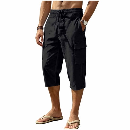 Hurxie Mens Casual Soft Linen Long Shorts Knee Length Sport Running Lounge Work Shorts Capri Pant Cargo Pants Black 2XL