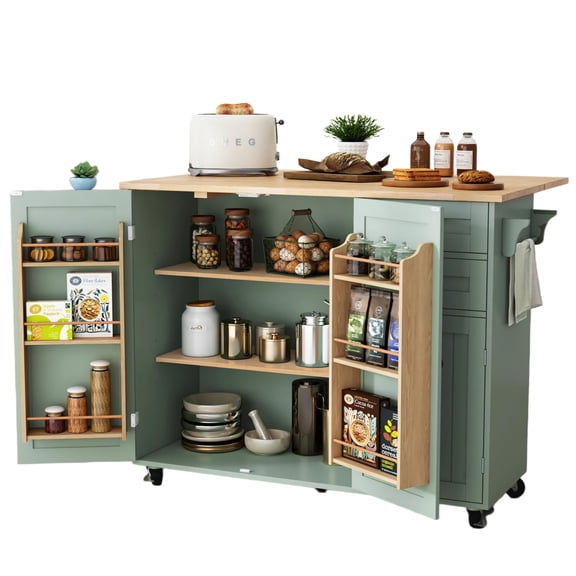 Rolling Kitchen Island Cart, Drop Leaf Mobile Storage Cabinet Organizer Prep Table With Spice Rack Towel Bar Holder And Lockable Wheels For Dining Room, Modern Green Furniture