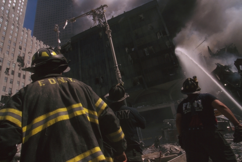 World Trade Center Streaming Fire Fighter At World Trade Center Site Following September 11Th