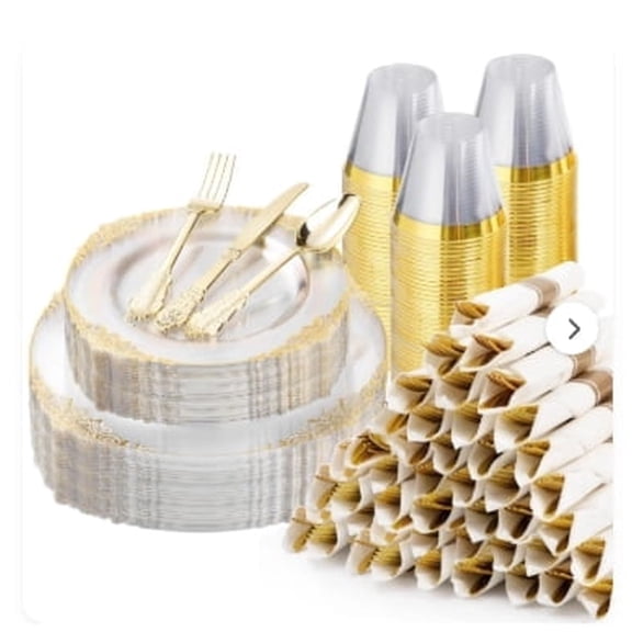Goodluck Gold Plastic Disposable Dinnerware Set, 350 Piece