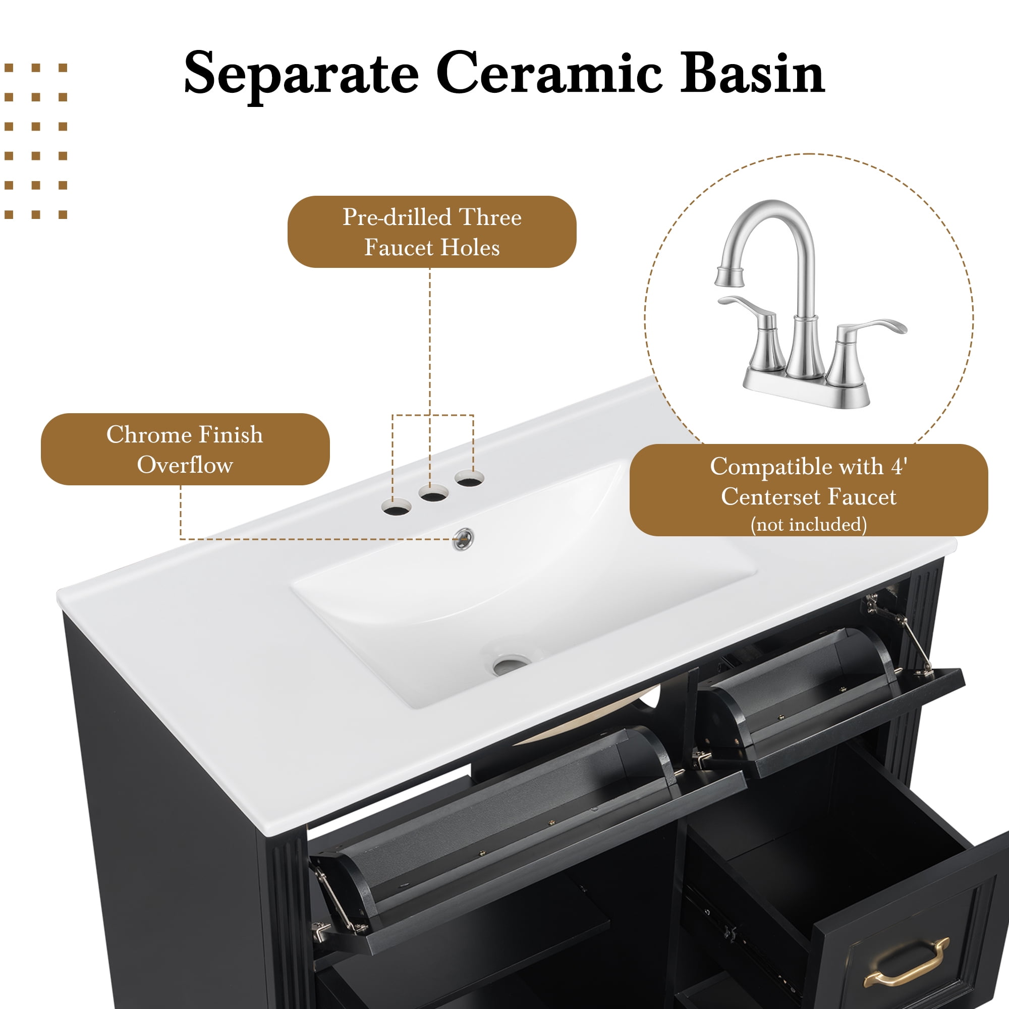 Euroco 36 Inch Bathroom Vanity with Sink, Cabinet with 4 Drawers, Soft-Close Door & Adjustable Shelf, Ceramic Basin, Modern Storage Vanity for Bathroom Organization, Black Finish