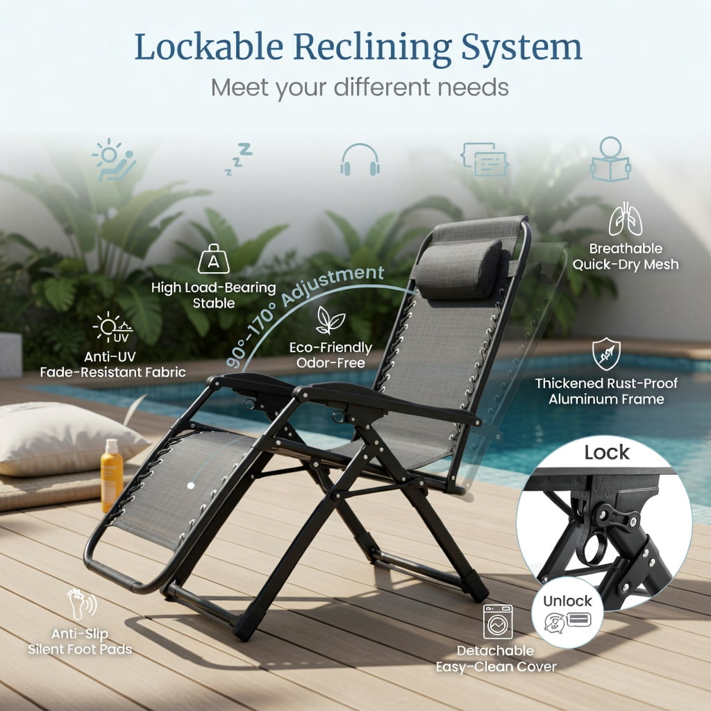 Hommoo Adjustable Zero Gravity Lounge Chair, Heavy-Duty Metal Frame, Removable Washable Cushion, Built-in Cup Holder Tray, Foldable for Indoor & Outdoor Use, Black