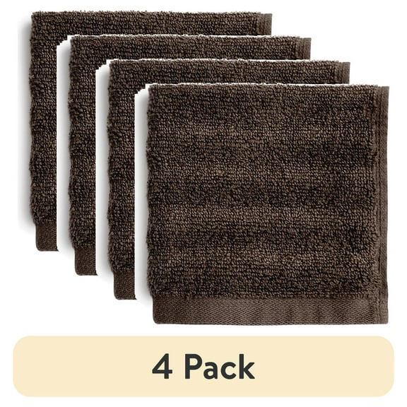 (4 pack) Mainstays Performance Cotton Washcloth, Super Soft Quick Dry Fade Resistant, Textured Brown