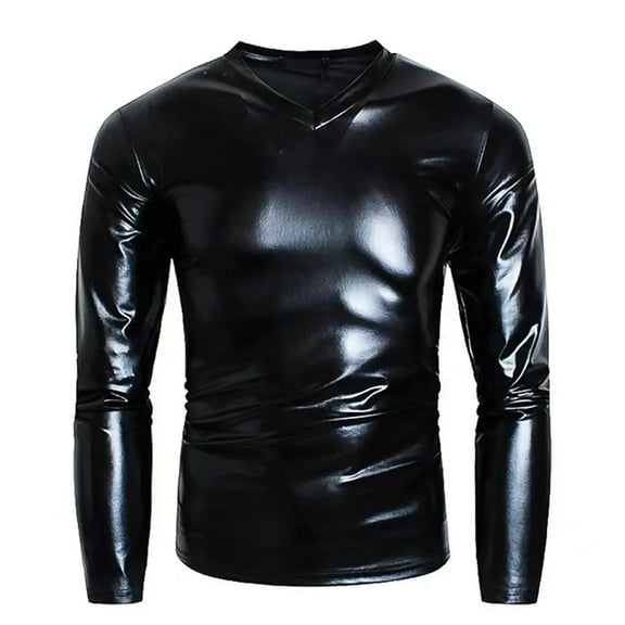 Men Shiny Leather T-shirt, Soft Leather, Long Sleeve, Male Shaping Shirt