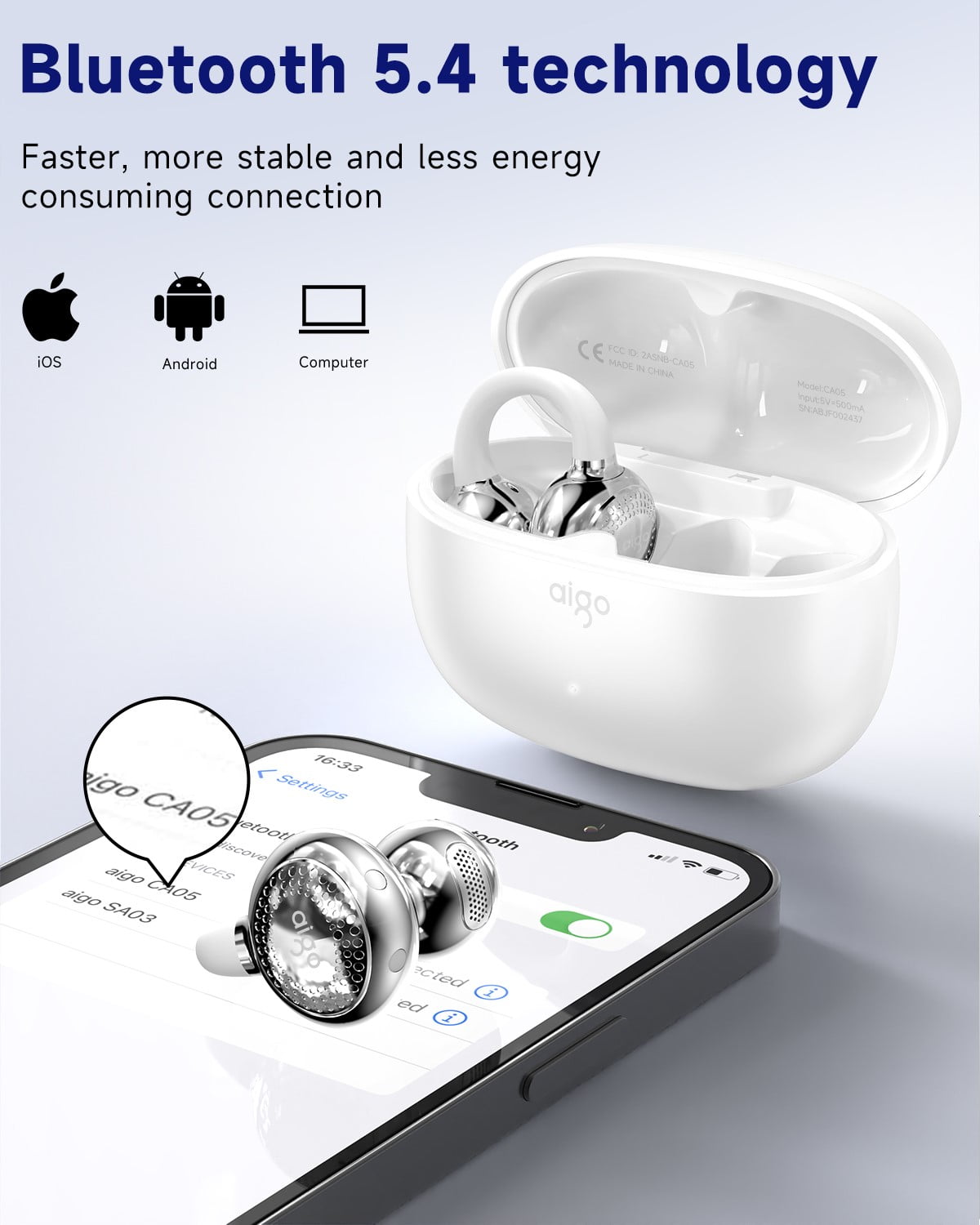 aigo CA05 Open Ear Earbuds Clip on Wireless Bluetooth 5.4