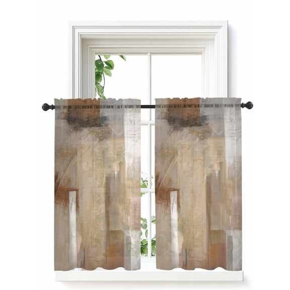 Brown Painting Tier Curtains 45 Inch Length,Sheer Curtains for Bedroom Living Room,Modern Abstract Retro Art Aesthetics Rod Pocket Voile Drapes Kitchen Curtains Small Half Window 27.5"x45" 2 Panels