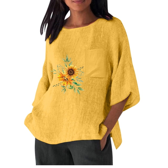 Birdeem Chemise Imitation Coton et Lin pour Femmes Manches 3/4 Col Rond T-Shirt Ample Décontracté Léger et à la Mode Haut d'Été