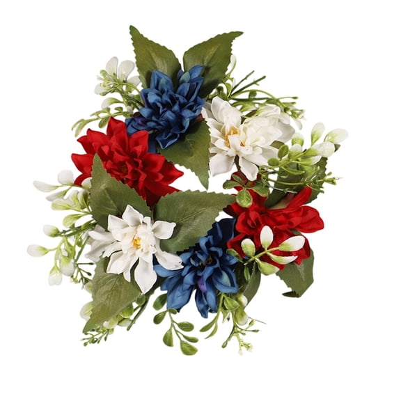 Patriotic Red White Blue Artificial Flower Candle Ring, Plastic Floral Wreath Candle Holder for Independence Day & 250th Anniversary Table Centerpiece Decor