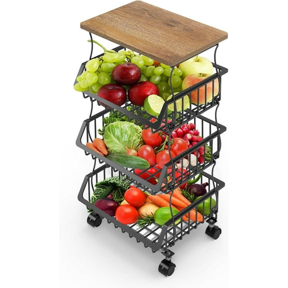 Fruit Basket for Kitchen 4 Tier Stackable Fruit Vegetable Storage Baskets with Wheels Metal Wire Storage Basket Organizer Cart for Kitchen Livingroom Diningroom Office, Black