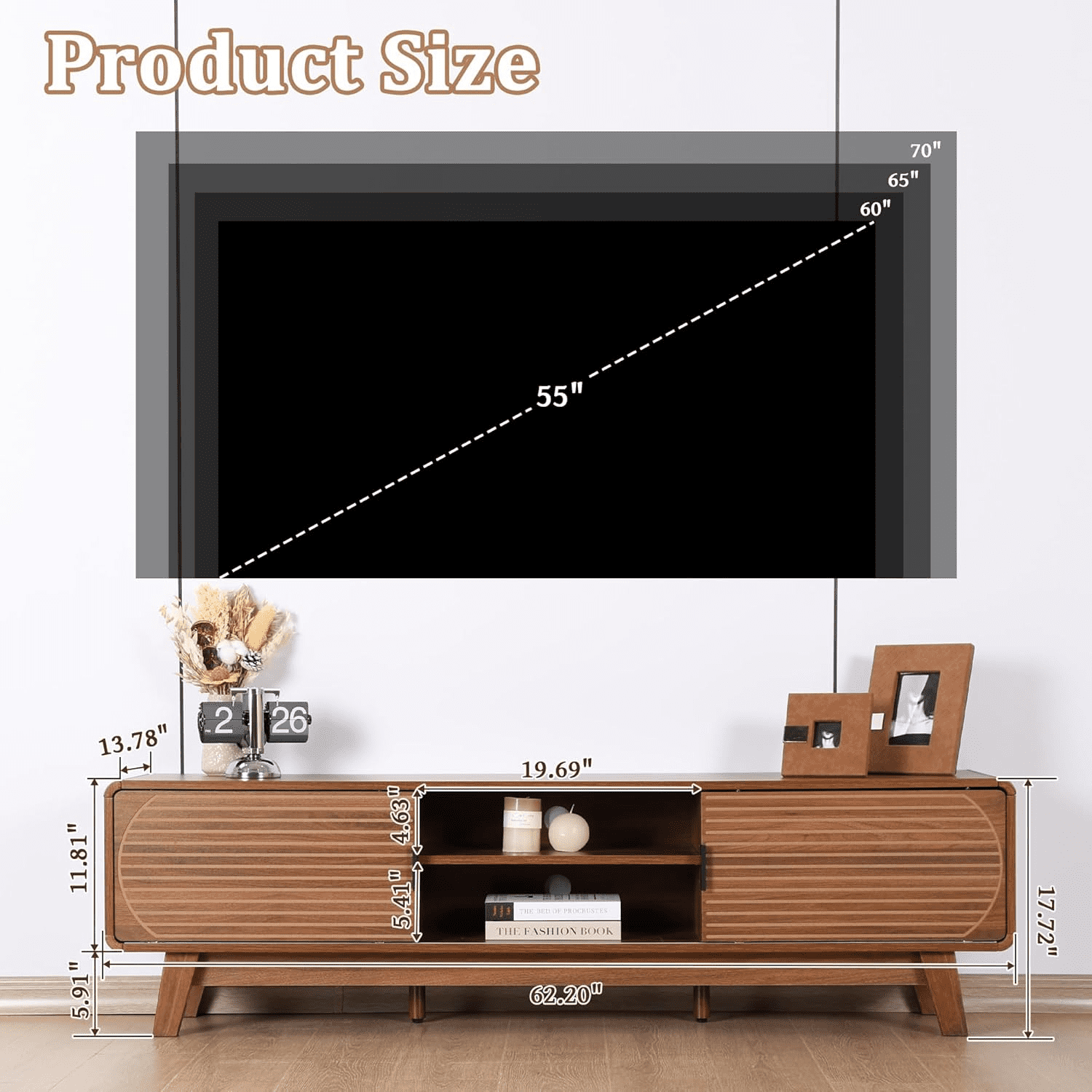 LEFHDA 62" TV Stand for 60/65/70 Inch TV, Mid Century Modern TV Console, Entertainment Center Console with Storage, Engraving Design TV Stand for bedroom & Living Room (Walnut）