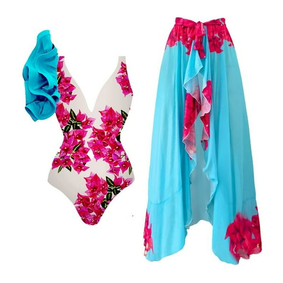 WREESH Womens One Piece Swimsuits Beach Cover Ups Vintage Printed Swimwear Conservative Swimwear Printed Beach Skirt Set Sleeveless Bathing Suits Blue