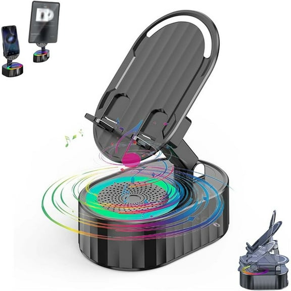 Wireless Induction Audio Bluetooth Speaker 5 in 1 Phone Holder Emergency Rechargeable with Colorful Ambient Light 300° Foldable for Tablet iPhone Android, Gifts for Men Women (Black)