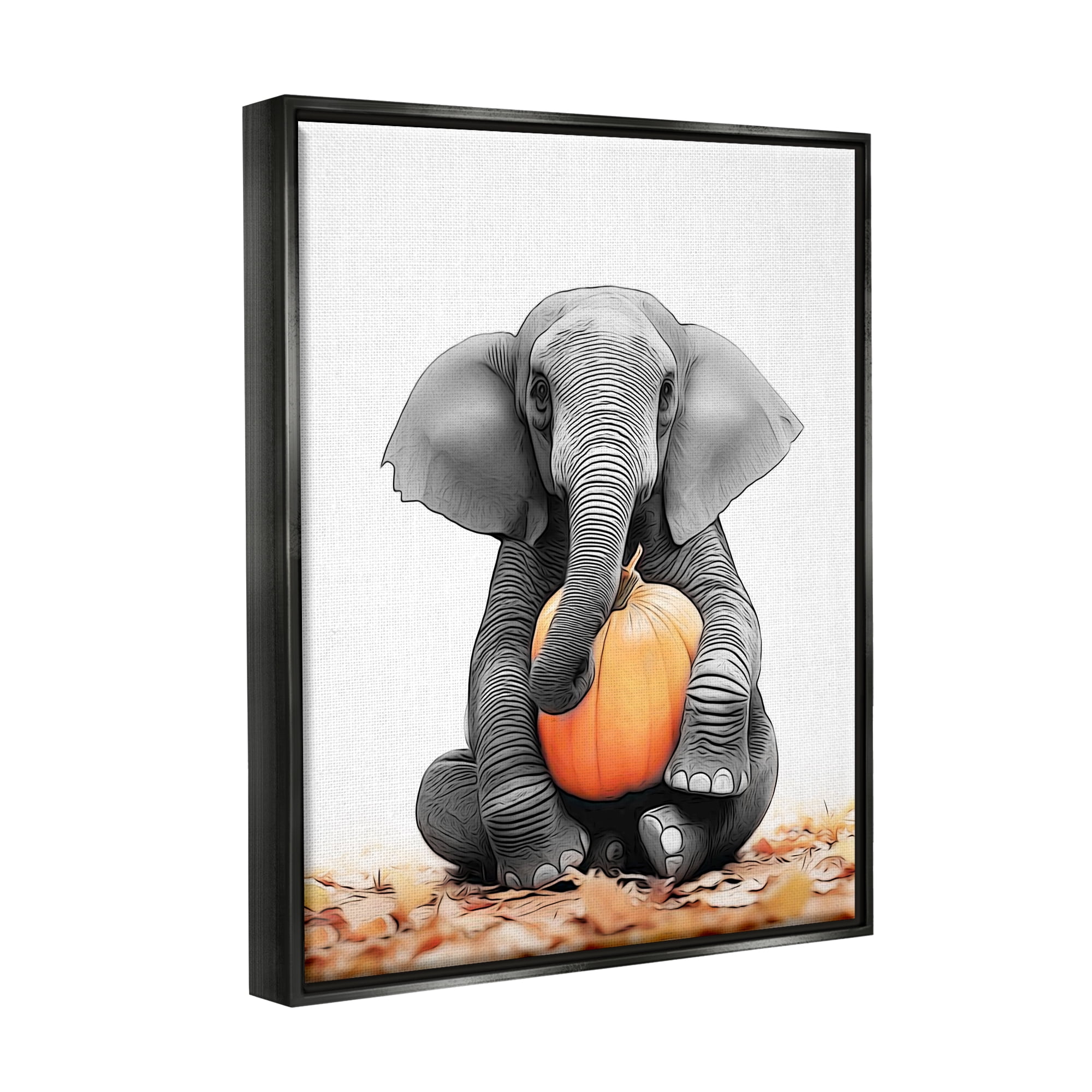 Stupell Industries Elephant in Autumn Leaves Holiday Painting Black Floater Framed Canvas Art Print Wall Art, 17 x 21