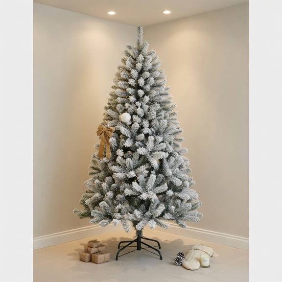 Resenkos Christmas Tree,Home Party Christmas Tree Decorations,6 Feet Artificial Snow Decorated Flocked Hinged Christmas Tree with Metal Stand