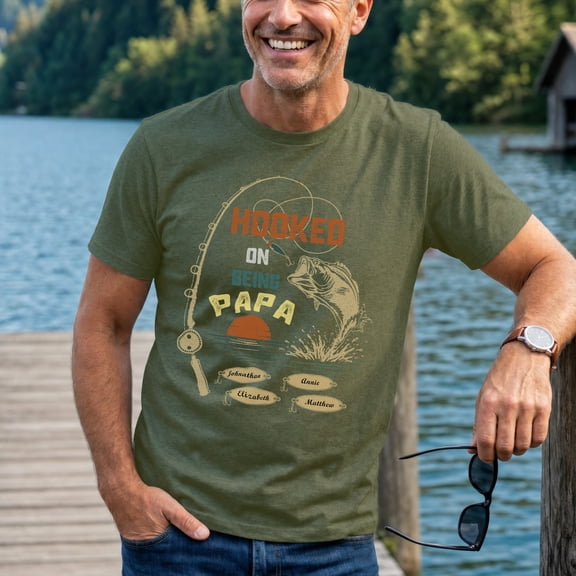 Jollimate Custom Name Shirt, Hooked On Being Papa T-Shirt, Funny Fishing Shirt, Fishing Dad Gift