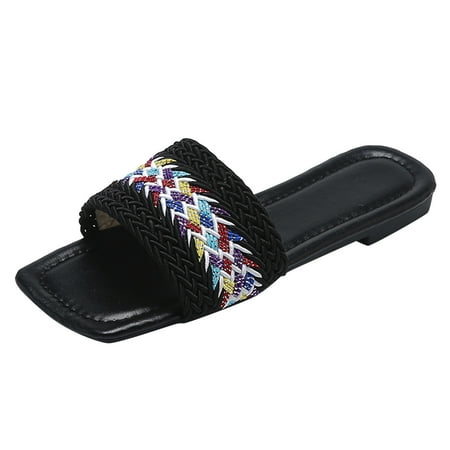

Comfortable Sandals for Women Women s Fashion Colored Woven Outer Wear Large Size Casual Flat Beach Slippers Pu