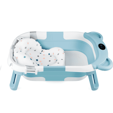 PandaEar Collapsible Baby Bathtub,  Travel Toddler Bathtub with Soft Cushion & Drain Hole for Toddler 0-24 Months -Blue