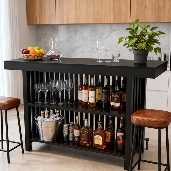 63 Inch Home Bar Table with 2-Tier Storage & Footrest, Mini Coffee Bar Pub Table, Kitchen Island for Dining Room, Bistro, Living Room