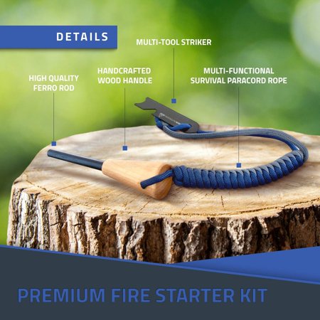 Ferro Rod Flint Fire Starter Kit with Handcrafted Wood Handle |5/16 - 3/8 Thick 12000-15000 Strikes |Survival Flint and Steel Rods with Multi-Tool Striker and Paracord Lanyard for Camping