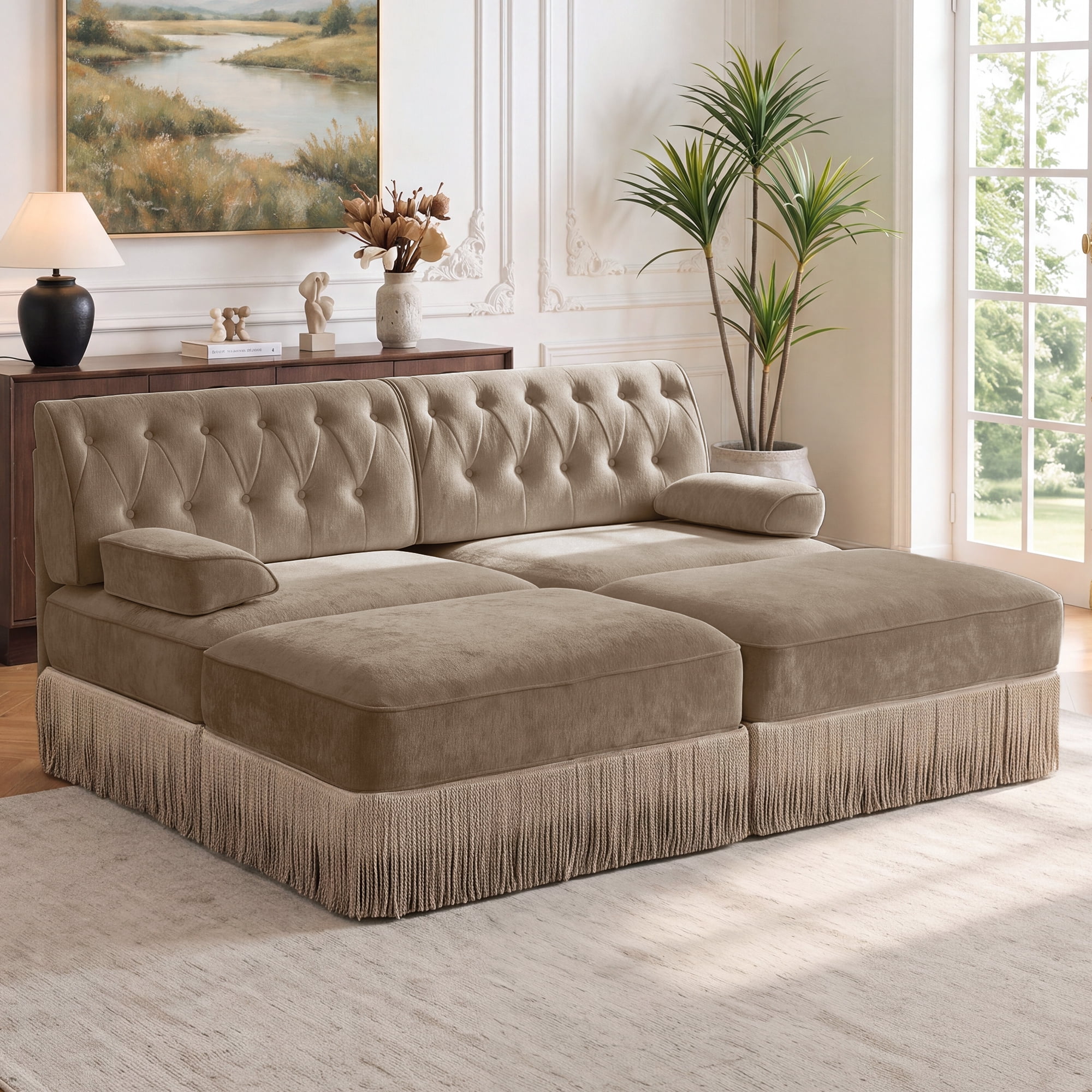 76.6" Chesterfield L-Shaped Modular Sectional Loveseat Sofa Set with 2 Ottoman and Tassel Skirt, Easy to Assemble