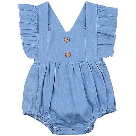 

Toddler Baby Girls Casual Romper Blue Solid Color Sleeveless Ruffles Playsuits Square Collar Denim Cloth One-piece Outwear