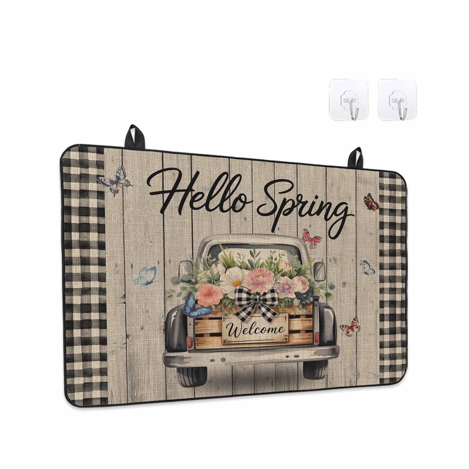 Farmhouse Flower Stove Top Cover for Electric Stove, Heat-proof & Non Slip Glass Top Stove Cover Protector, Spring Vintage Truck Black Plaid Wood Grain Kitchen Flat Cooktop Rubber Mat 24x21 Inches