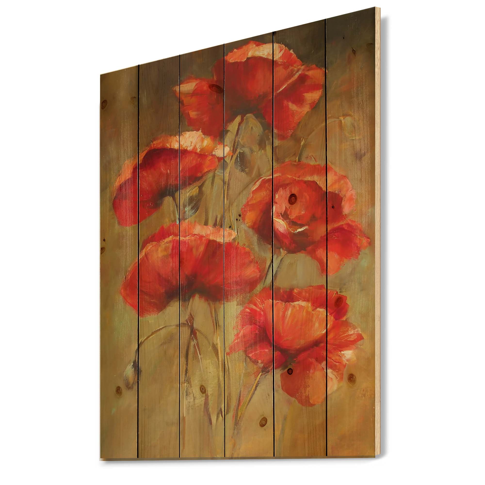 Designart 'Blooming Vintage Poppies I' Traditional Print on Natural Pine Wood