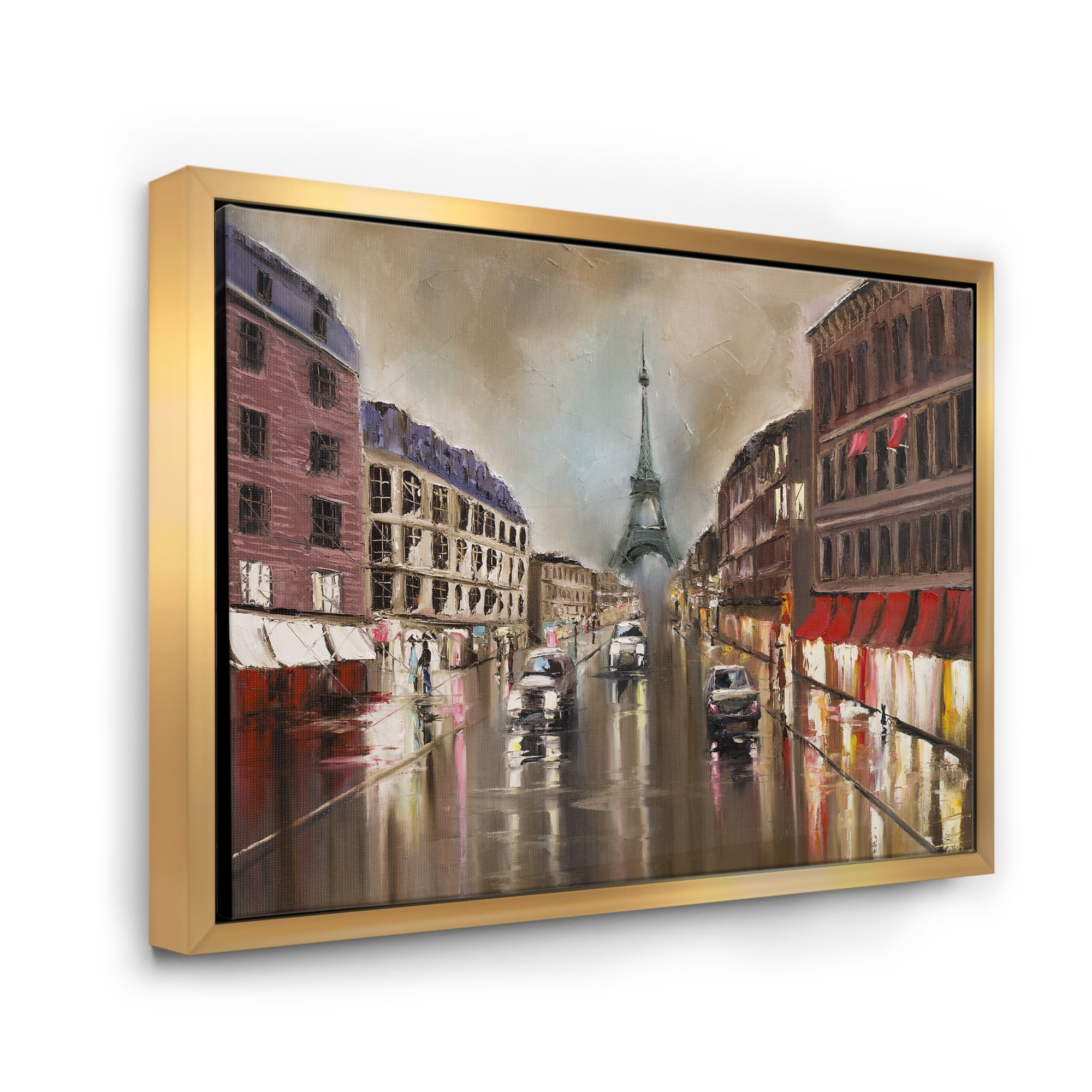 Designart 'Quiet Rainy Street In Gray Eiffel Tower Paris' Traditional Framed Canvas Wall Art Print