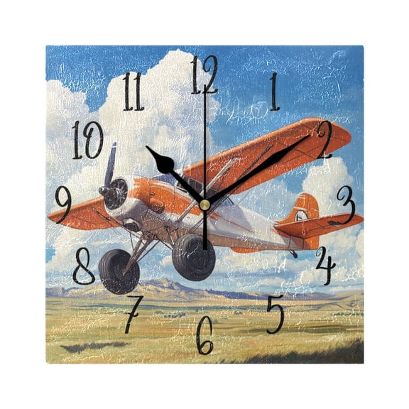 WOBOGO Orange Airplane Wall Clock 7.78 Inch Battery Operated Silent Unit Square Rustic Vintage Style for Home Bedroom Office Black Pointer