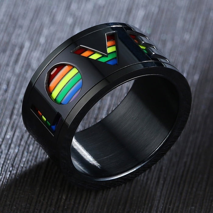 Nanafast Stainless Steel Love Enamel Rainbow LGBT Pride Rings Gay & Lesbian Spinner Ring LGBTQ Wedding Bands Size 7-12 