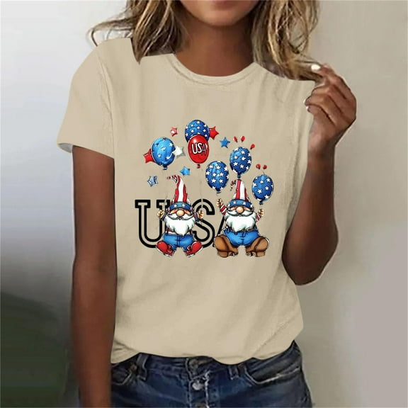 Fartey Womens 4th of July T Shirts Patriotic Short Sleeve Shirt Cute Gnome Print Tees Dressy Casual Independence Day Tshirts Soft Stretch Crewneck Festival Tops Beige L
