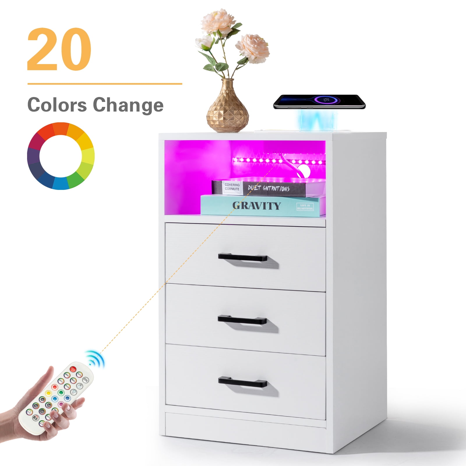 UBesGoo Nightstand with Wireless Charging Station and LED Lights