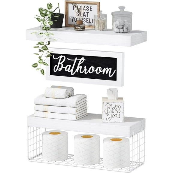‎Bathroom Shelves Over Toilet - Paper Storage Wall Mounted Farmhouse Decor Decorations Aesthetic Décor Sign Small Floating Shelf 2 1 Set 16 inch, White (020WW)