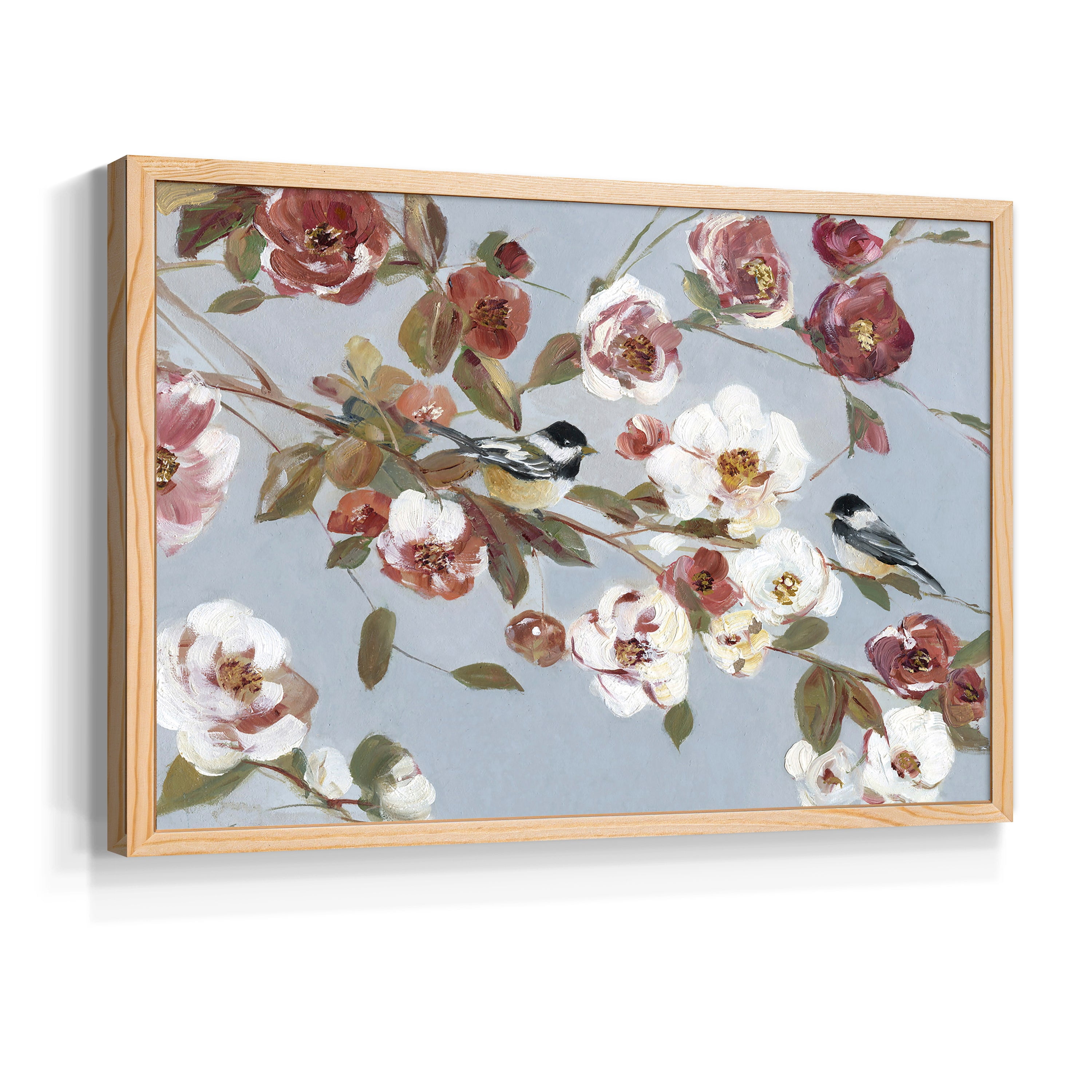 Chickadees and Blossoms II by Sally Swatland - Restickable Framed Giclée Print