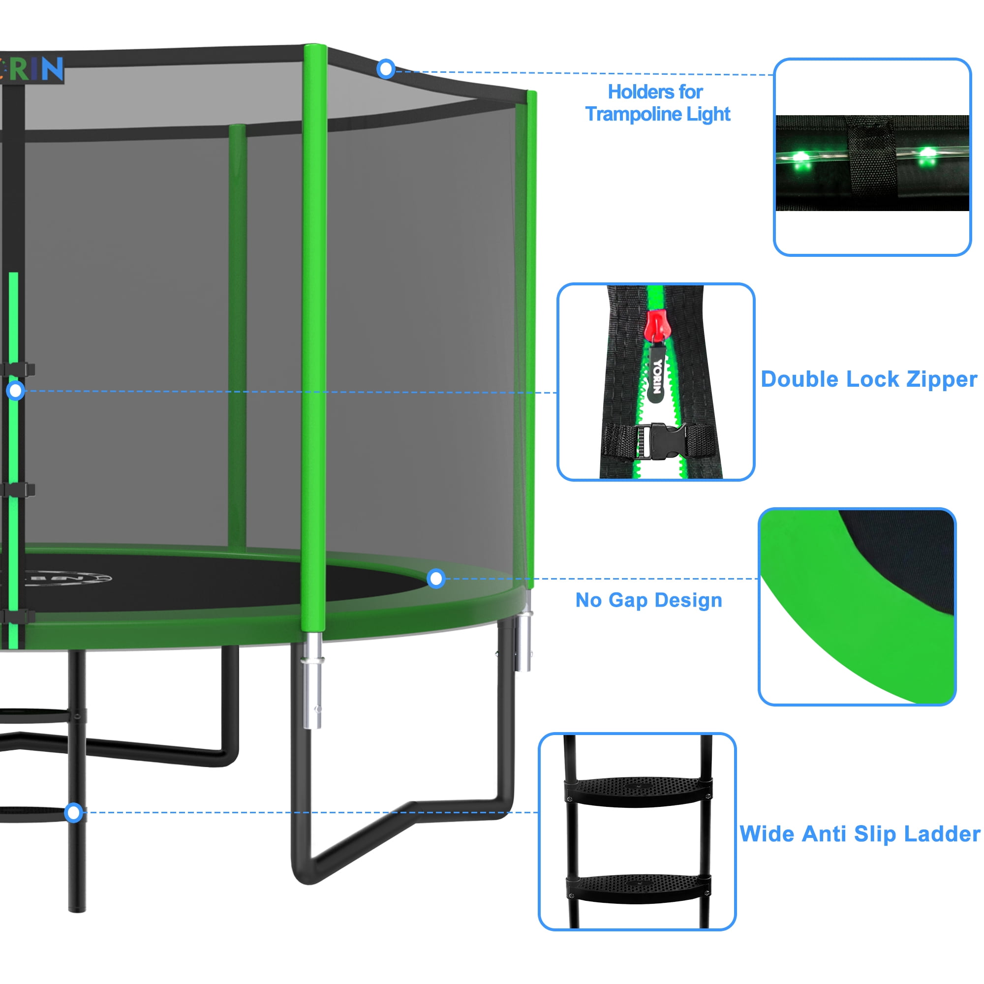 YORIN 8FT 10FT 12FT 14FT Trampoline with Enclusore Net, Sprinkler & LED Lights, 800LBS Capacity Outdoor Trampoline for 2–3 Kids, Safety Enclosure Net, Ladder, Heavy-Duty Backyard Round Trampoline