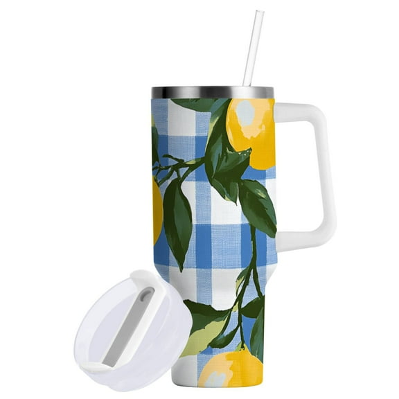 Yayeee 40oz Double-Wall Insulated Stainless Steel Tumbler with Handle Bottle, Light Blue Plaid