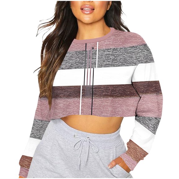 Sweatshirt for Women Round Neck Long Sleeve Stripe Floral Cropped Pullover Shirts for Women Stylish Loose Fit Casual Going Out Tops for Women
