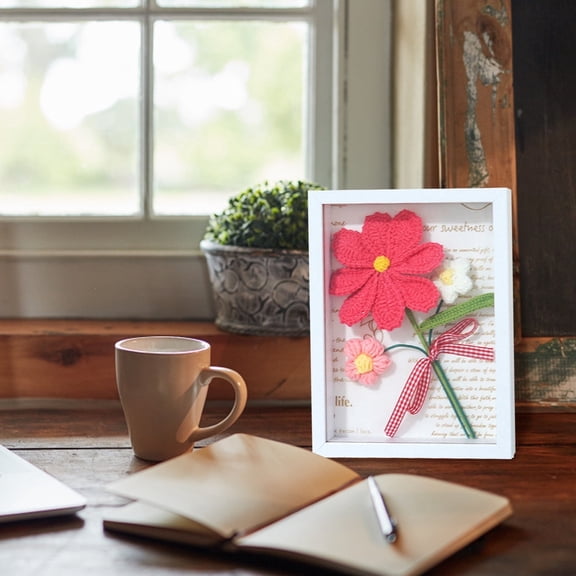Stylish Desktop Ornament Handmade Knitted Flower Photo Frame Wooden Decorative Piece for Home Decoration