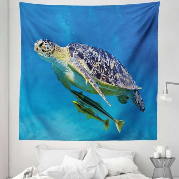 Turtle Tapestry, Angry Looking Sea Turtle Swimming with Remora Fishes Fauna Under the Sea, Fabric Wall Hanging Decor for Bedroom Living Room Dorm, 5 Sizes, Blue Yellow Brown, by Ambesonne
