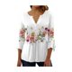 thumbnail image 4 of Top de manga 3/4 para mujer, estampado Floral con botones, cintura plisada, dobladillo suelto, camisa con cuello en V para mujer, Top para fiesta y trabajo, Blanco XXL, 4 of 6
